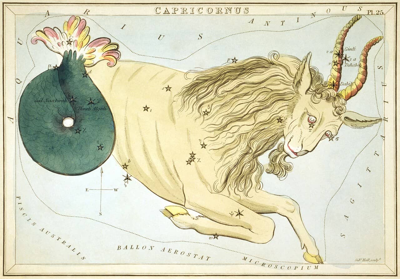 Hand-coloured engraving of the Capricorn constellation from Urania's Mirror, 1824